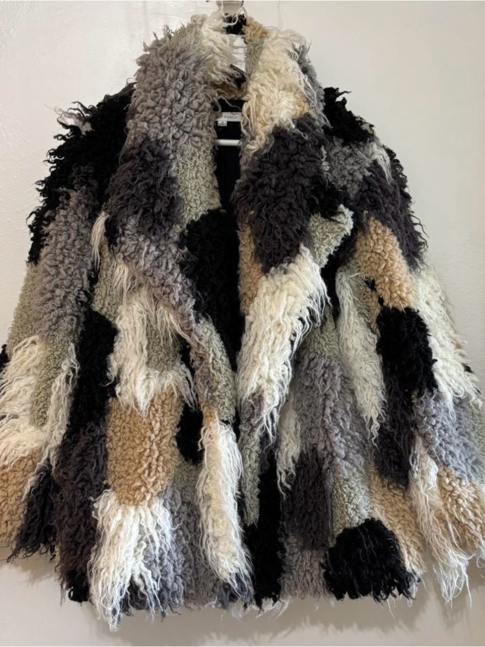 Honey Punch Multi-Color Teddy Faux Shearling Coat in Black, Gray, Cream & Tan